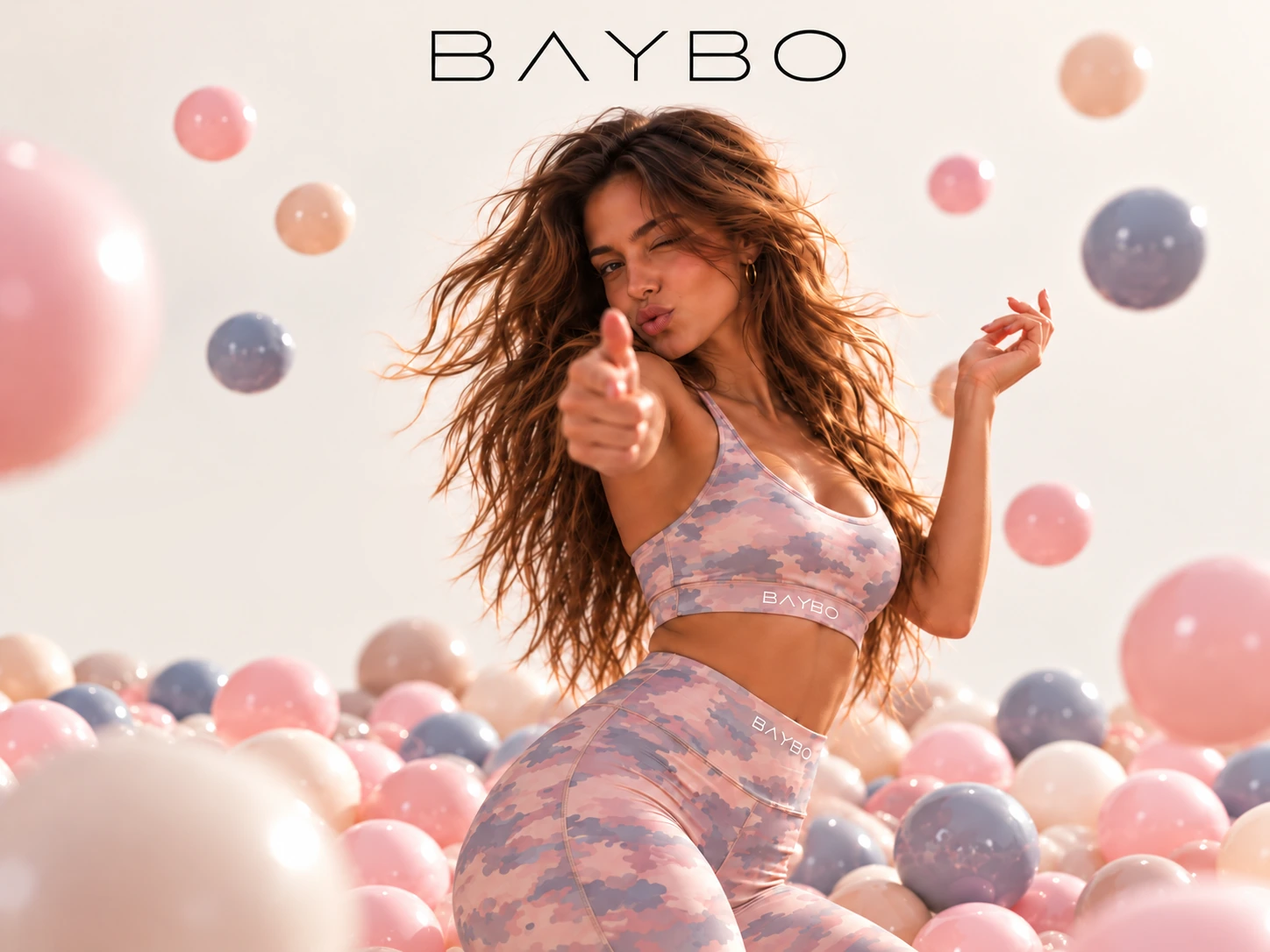 BAYBO. Model wearing pastel camouflage activewear with raised white BAYBO lettering, surrounded by pink, cream and dusty-blue balloons.